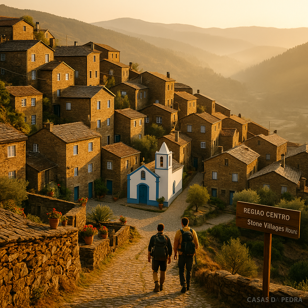 Elevated sunset photograph of a Central Portugal stone village built among colossal granite boulders