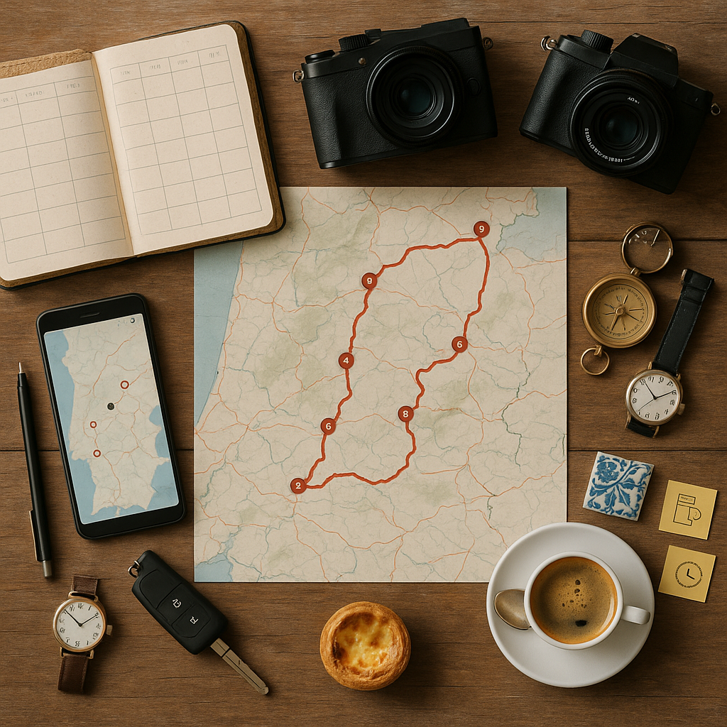 Top-down photo of a tidy travel-planning desk: a paper map of central Portugal with