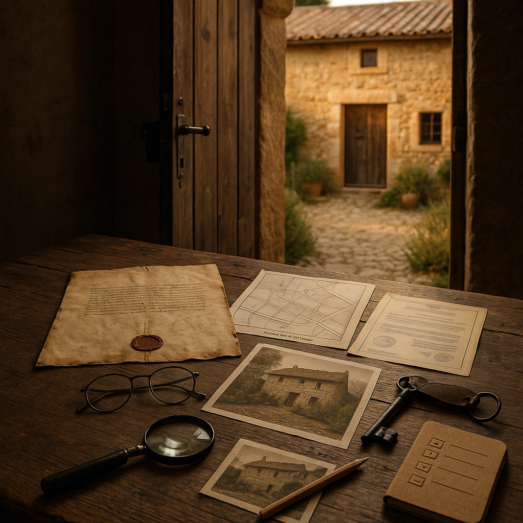 Mesa rústica com documentos históricos e vista, através de uma porta aberta, para a