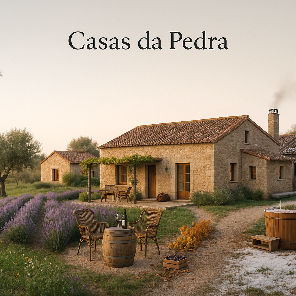 Editorial travel photo of a Portuguese stone country house blending four seasons in one
