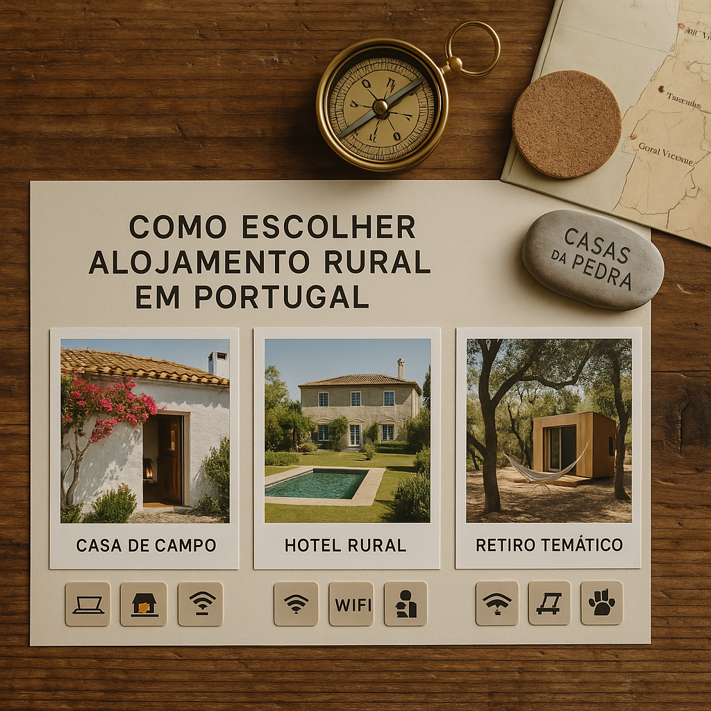 Sunlit cork-board mood board photographed indoors for Casas da Pedra: pinned photo prints of